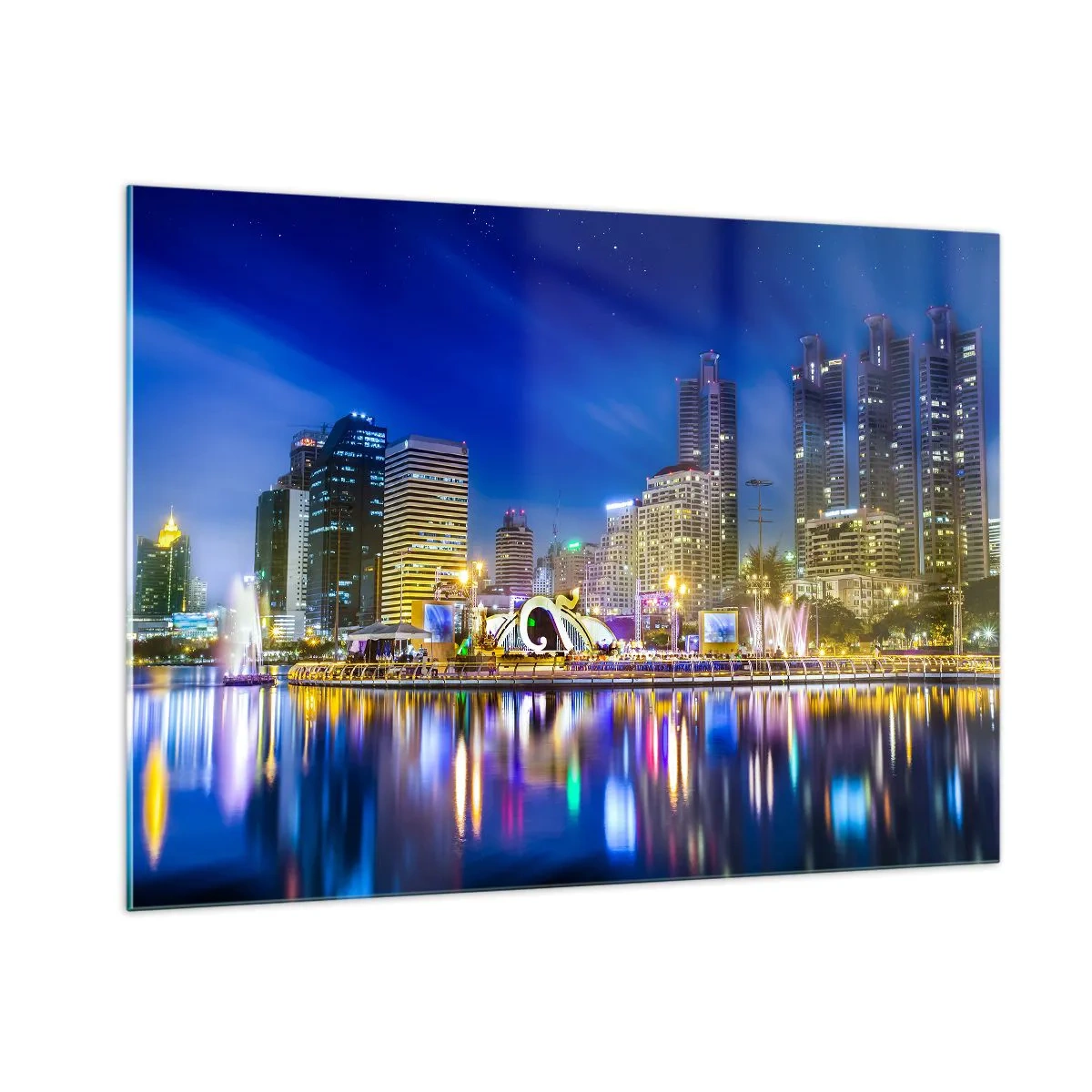Cuadro sobre vidrio - Impresiones sobre Vidrio - Panorama de la ciudad de noche con las luces reflejadas en el agua. - 100x70cm - La noche del arco iris de la metrópoli - Decoración de pared moderna para salón y dormitorio ARTTOR