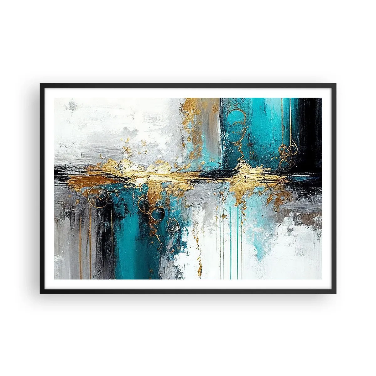 Póster en marco negro - Una composición abstracta con acentos turquesa y dorado. - 100x70cm - Todo fluye - Decoración de pared moderna para salón y dormitorio ARTTOR