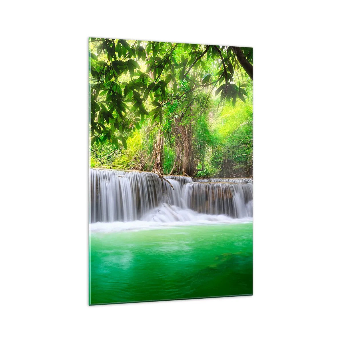 Cuadro sobre vidrio - Impresiones sobre Vidrio - Una cascada verde rodeada de densa vegetación tropical. - 70x100cm - Cascada en verde - Decoración de pared moderna para salón y dormitorio ARTTOR
