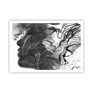 Póster - Rostro abstracto en blanco y negro con líneas dinámicas. - 100x70cm - Enredada en sueños - Decoración de pared moderna para salón y dormitorio ARTTOR