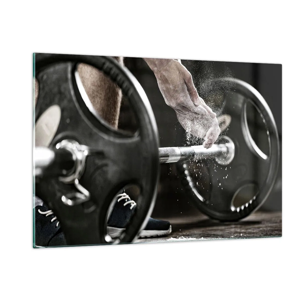 Cuadro sobre vidrio - Impresiones sobre Vidrio - Levantamiento de pesas con tiza en las manos y una barra - 120x80cm - ¡Reto aceptado! - Decoración de pared moderna para salón y dormitorio ARTTOR