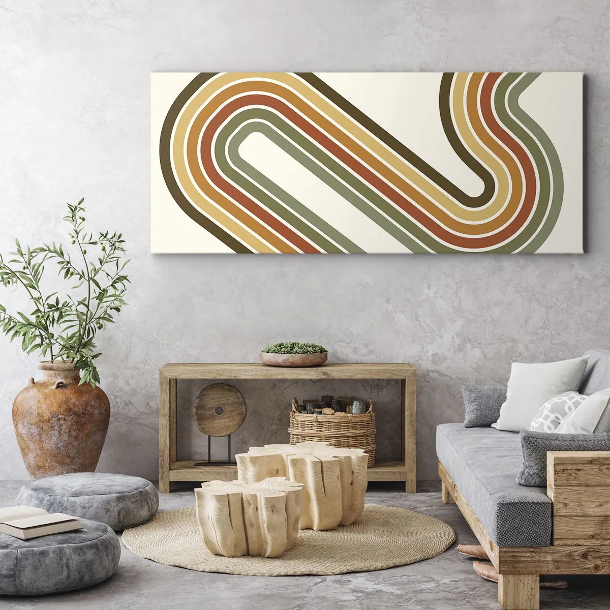 Cuadro sobre lienzo - Impresión de Imagen - Patrón geométrico en tonos verde, naranja y beige sobre un fondo claro. - 120x50cm - Zigzagueando hasta su destino - Decoración de pared moderna para salón y dormitorio ARTTOR