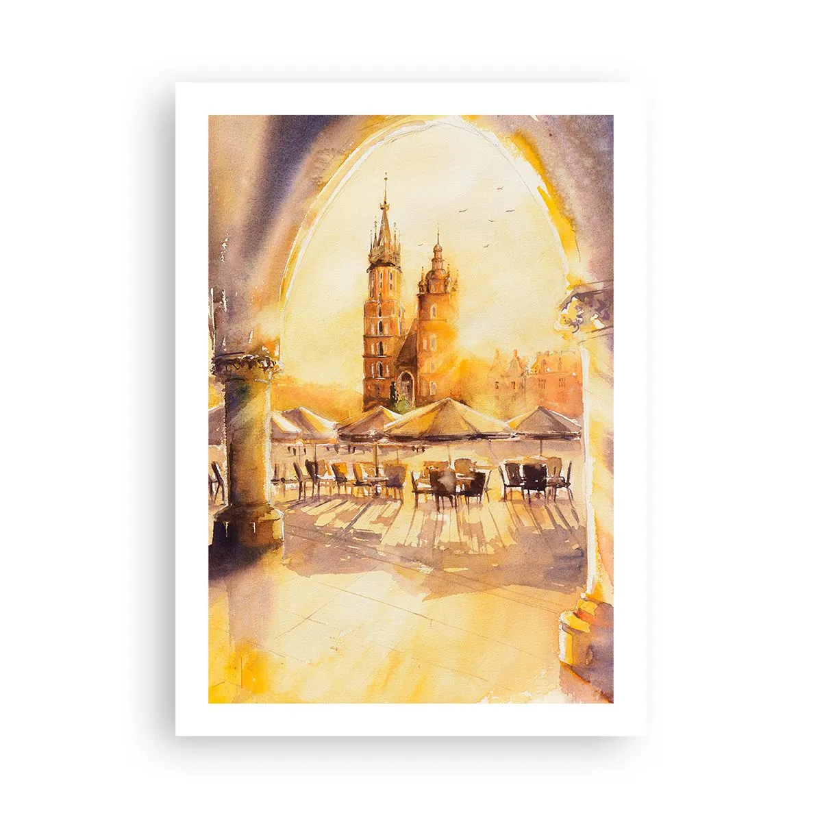 Póster - Una acuarela que representa la plaza del mercado de Cracovia al atardecer. - 50x70cm - Este sobre el mercado de Cracovia - Decoración de pared moderna para salón y dormitorio ARTTOR