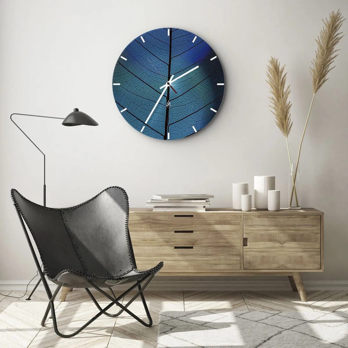 Reloj de pared - Reloj de vidrio - Primer plano de la estructura de la hoja en tonos azules y negros. - 30x30cm - Construcción intrincada - Decoración de pared moderna para salón, cocina y dormitorio ARTTOR