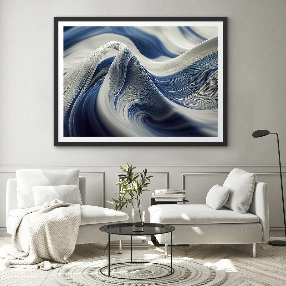 Póster en marco negro - Fluidez de azul y blanco - 50x40 cm