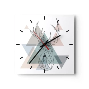 Reloj de pared - Reloj de vidrio - Ciervo geométrico sobre un fondo de triángulos pastel. - 30x30cm - En un bosque geométrico - Decoración de pared moderna para salón y dormitorio ARTTOR