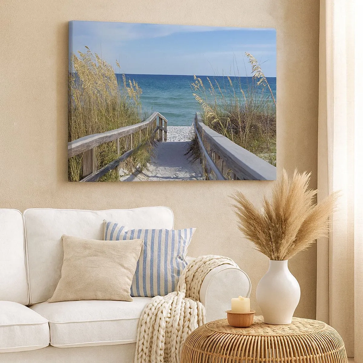 Cuadro sobre lienzo - Impresión de Imagen - Camino a la playa con vistas al mar - 70x50cm - En el sol, en el viento - Decoración de pared moderna para salón y dormitorio ARTTOR