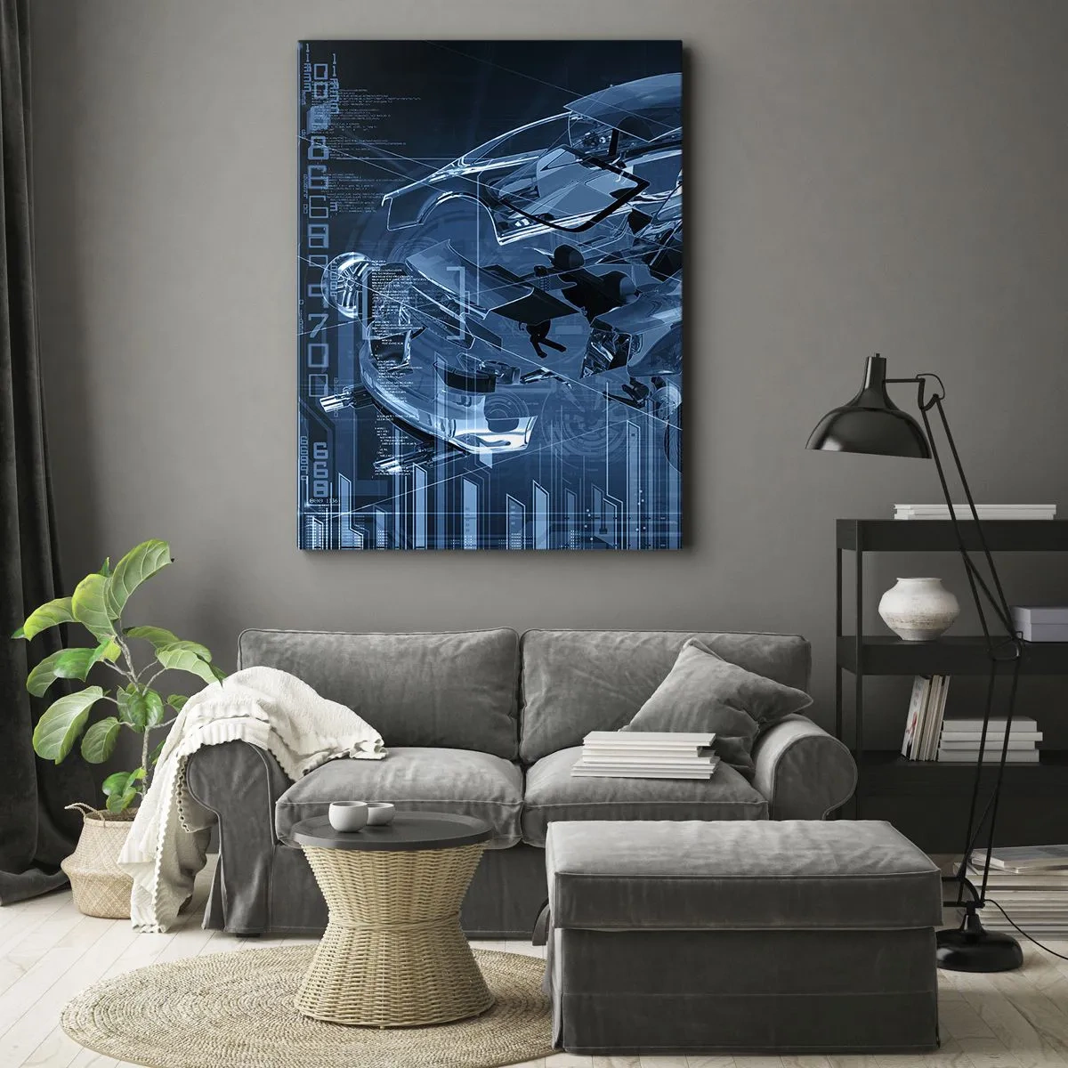 Cuadro sobre lienzo - Impresión de Imagen - Un dibujo técnico moderno de un automóvil con elementos estructurales. - 70x100cm - Anatomía del ingeniero - Decoración de pared moderna para salón y dormitorio ARTTOR