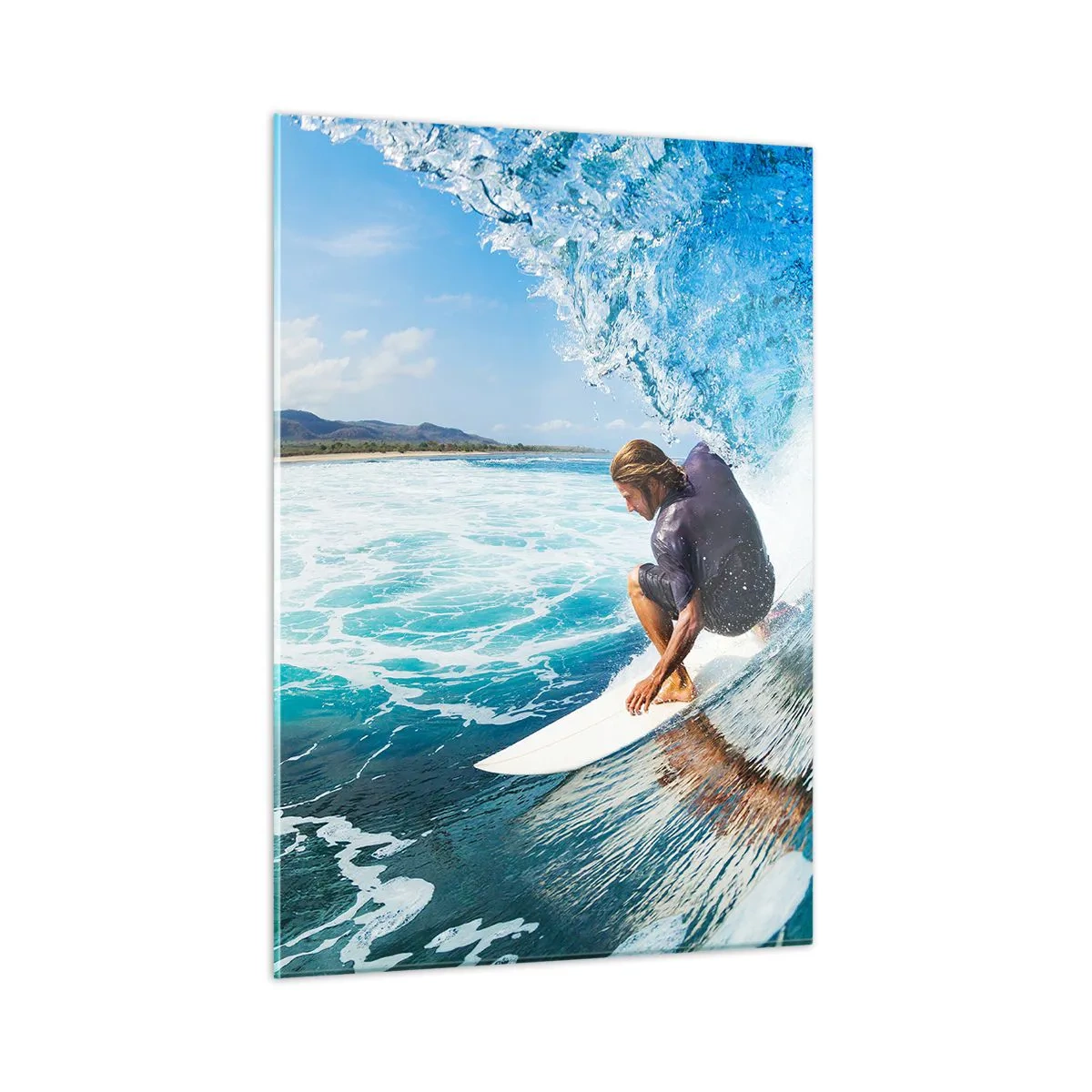Cuadro sobre vidrio - Impresiones sobre Vidrio - Surfista en un túnel de agua con el océano al fondo - 50x70cm - Bailando con las olas - Decoración de pared moderna para salón y dormitorio ARTTOR