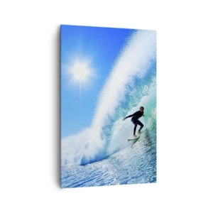 Cuadro sobre lienzo - Impresión de Imagen - Un surfista en una tabla se desliza dentro de una poderosa ola bajo un cielo azul. - 80x120cm - A través de la gran ola - Decoración de pared moderna para salón y dormitorio ARTTOR