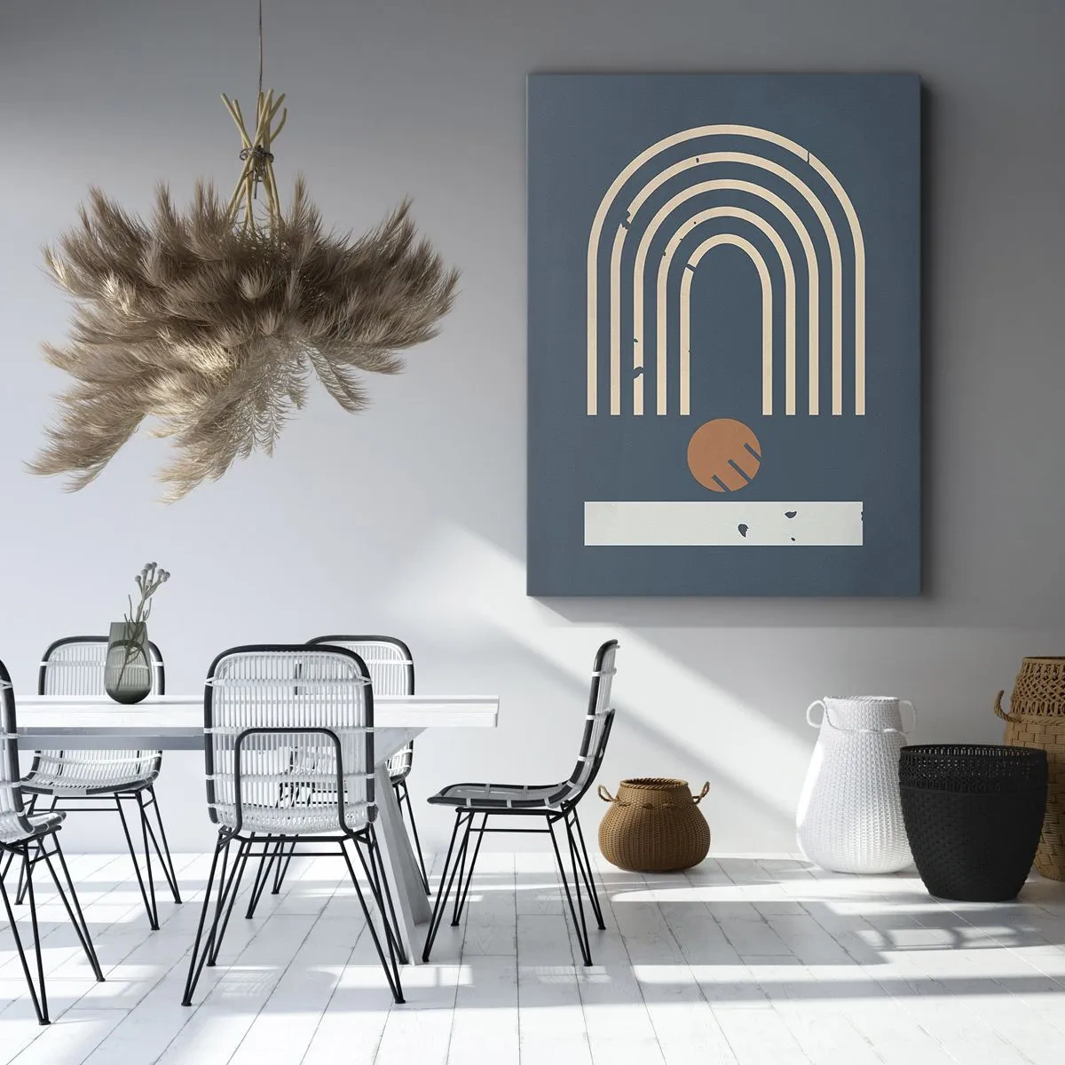 Cuadro sobre lienzo - Impresión de Imagen - Patrón geométrico en tonos azul marino, beige y naranja sobre un fondo oscuro. - 50x70cm - Geometría sobre azul marino - Decoración de pared moderna para salón y dormitorio ARTTOR