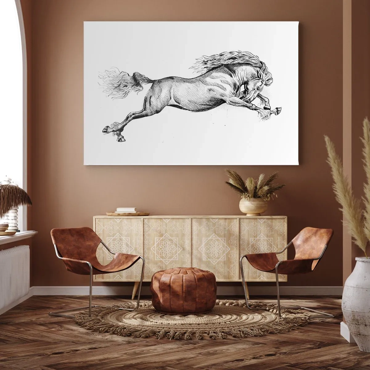Cuadro sobre lienzo - Impresión de Imagen - Boceto de un caballo al galope dinámico sobre un fondo blanco. - 70x50cm - Captura al galope - Decoración de pared moderna para salón y dormitorio ARTTOR