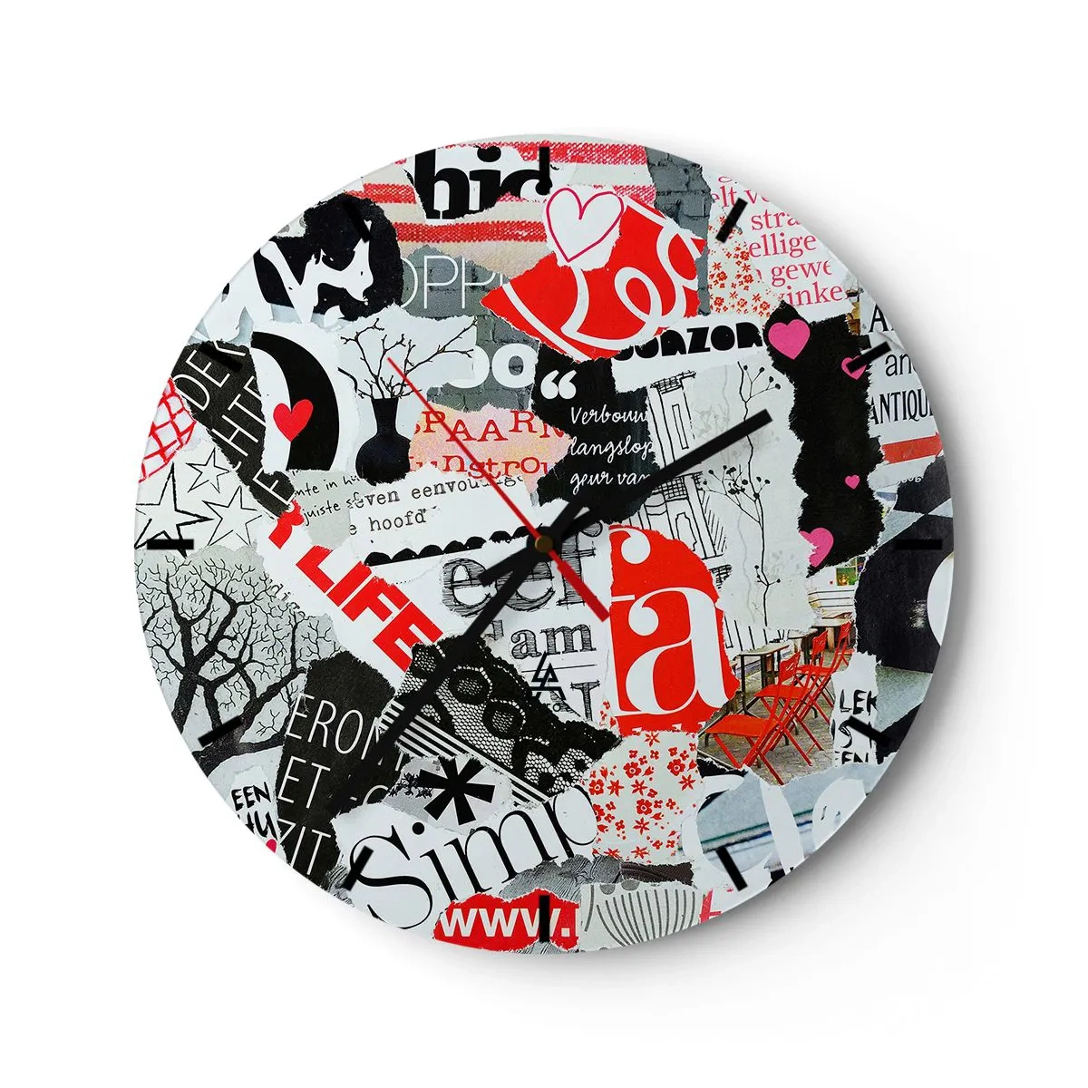 Reloj de pared - Reloj de vidrio - Collage hipster con letras, gráficos y símbolos retro. - 30x30cm - Collage hipster - Decoración de pared moderna para salón, cocina y dormitorio ARTTOR
