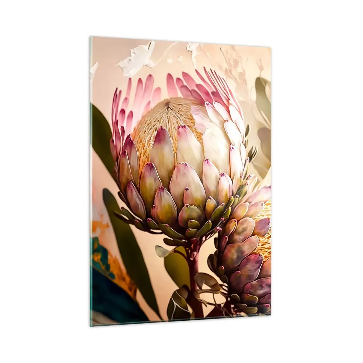 Cuadro sobre vidrio - Impresiones sobre Vidrio - Flores de protea en tonos cálidos y luz suave. - 50x70cm - Abrazados con ternura - Decoración de pared moderna para salón y dormitorio ARTTOR