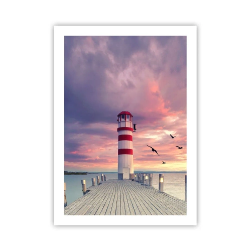 Póster - Faro con la puesta de sol como telón de fondo - 50x70cm - Hora de ir al puerto - Decoración de pared moderna para salón y dormitorio ARTTOR