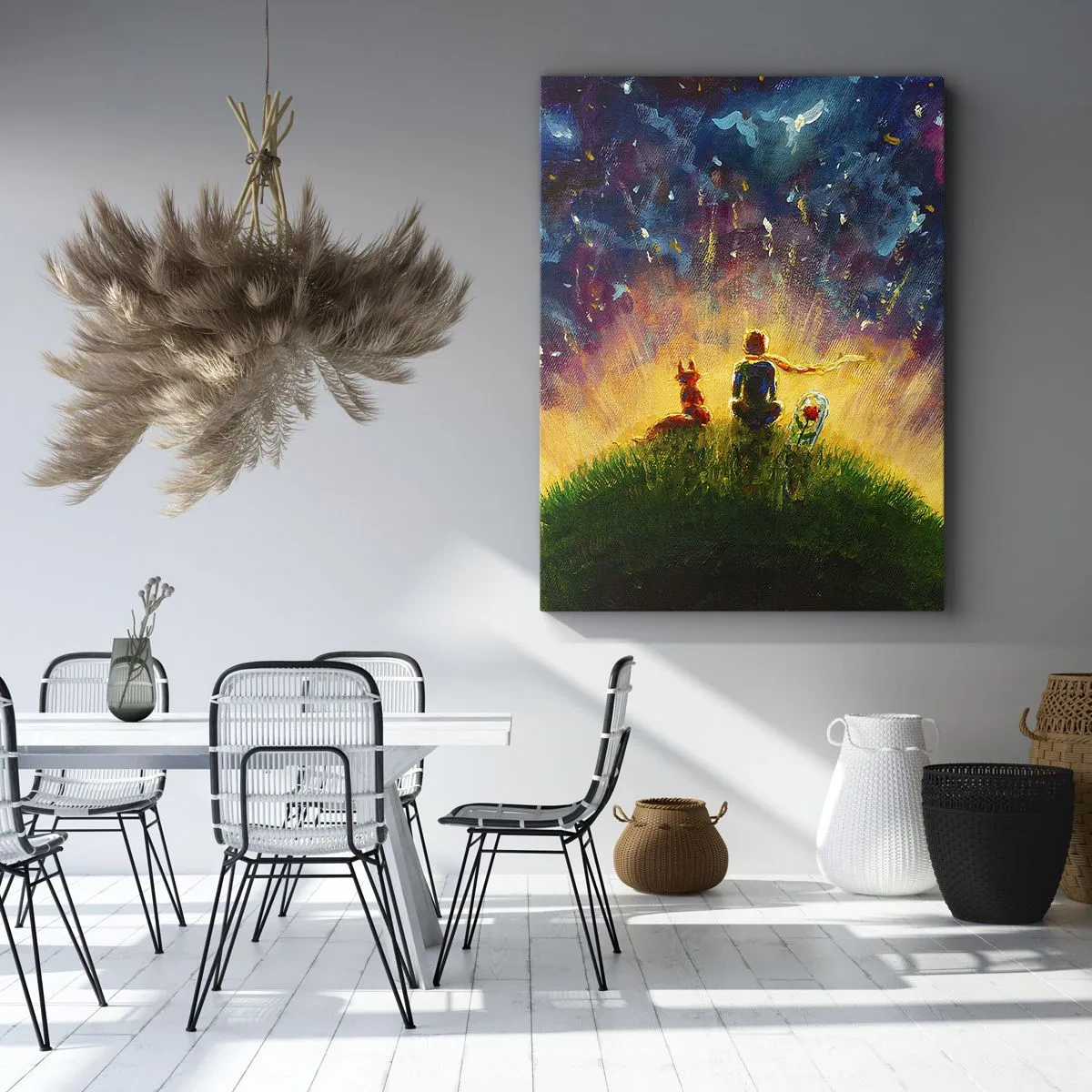 Cuadro sobre lienzo - Impresión de Imagen - Figuras en una colina verde rodeada de un cielo estrellado. - 50x70cm - Amor y amistad - lo único entero - Decoración de pared moderna para salón y dormitorio ARTTOR