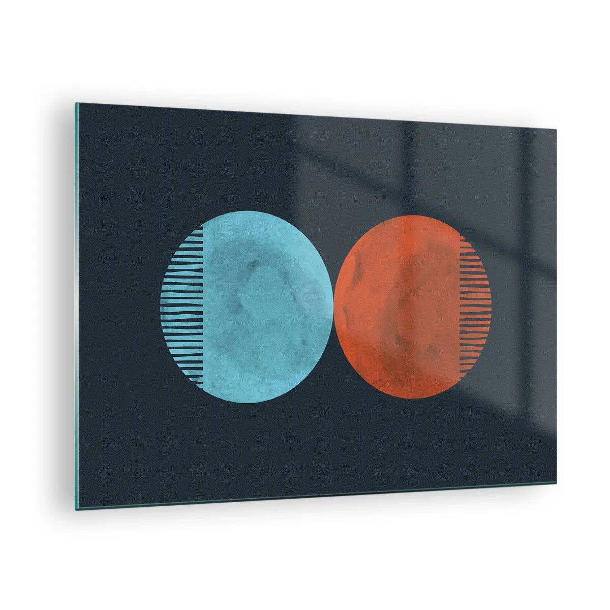 Cuadro sobre vidrio - Impresiones sobre Vidrio - Círculos abstractos en azul y naranja - 70x50cm - ¿Solo geometría? - Decoración de pared moderna para salón y dormitorio ARTTOR