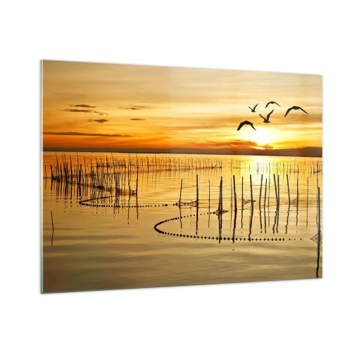 Cuadro sobre vidrio - Impresiones sobre Vidrio - Puesta de sol sobre un lago con pájaros y redes de pesca. - 100x70cm - Horizonte naranja - Decoración de pared moderna para salón y dormitorio ARTTOR