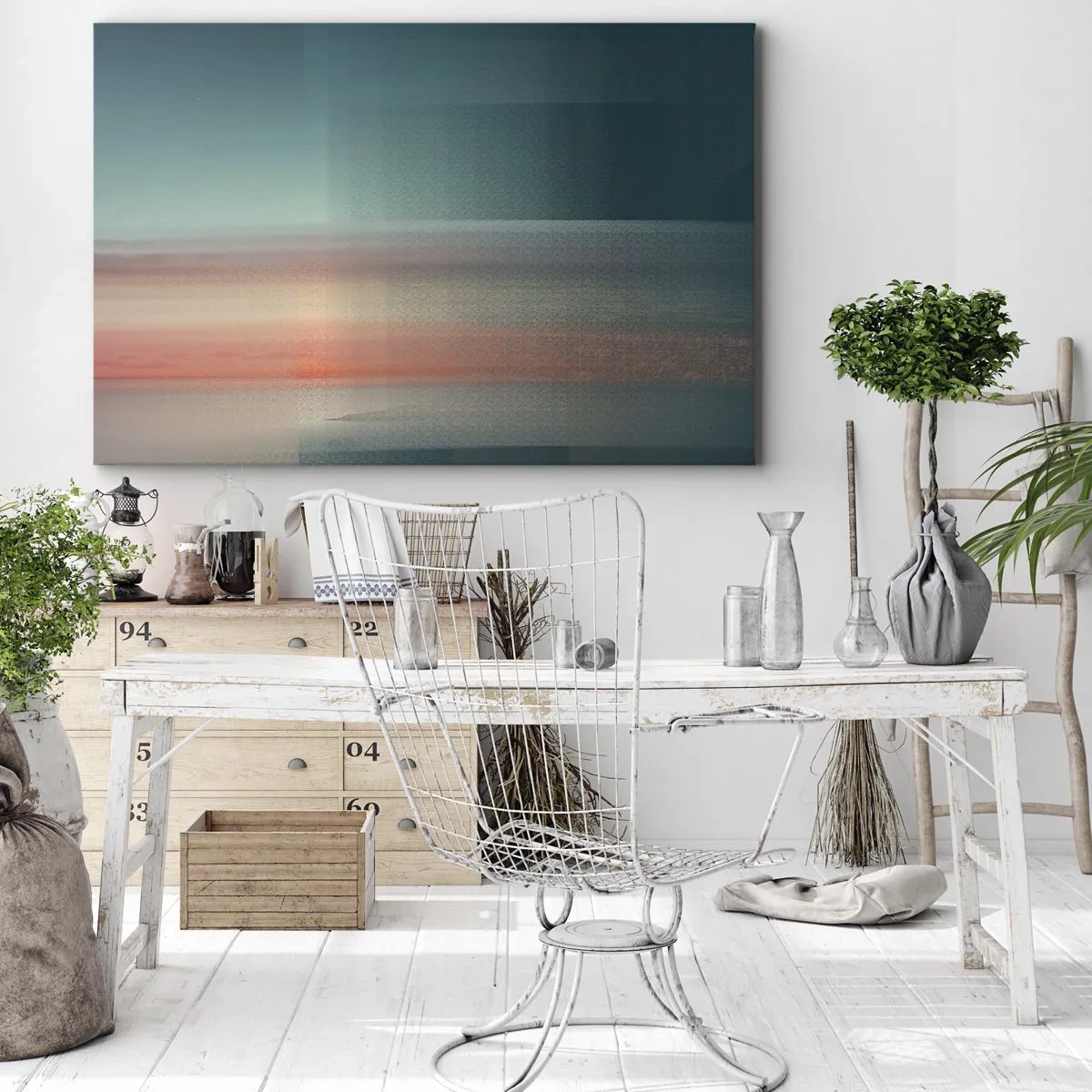 Cuadro sobre lienzo - Impresión de Imagen - Una puesta de sol en tonos pastel sobre un horizonte tranquilo. - 70x50cm - Abstracción: ondas de luz - Decoración de pared moderna para salón y dormitorio ARTTOR