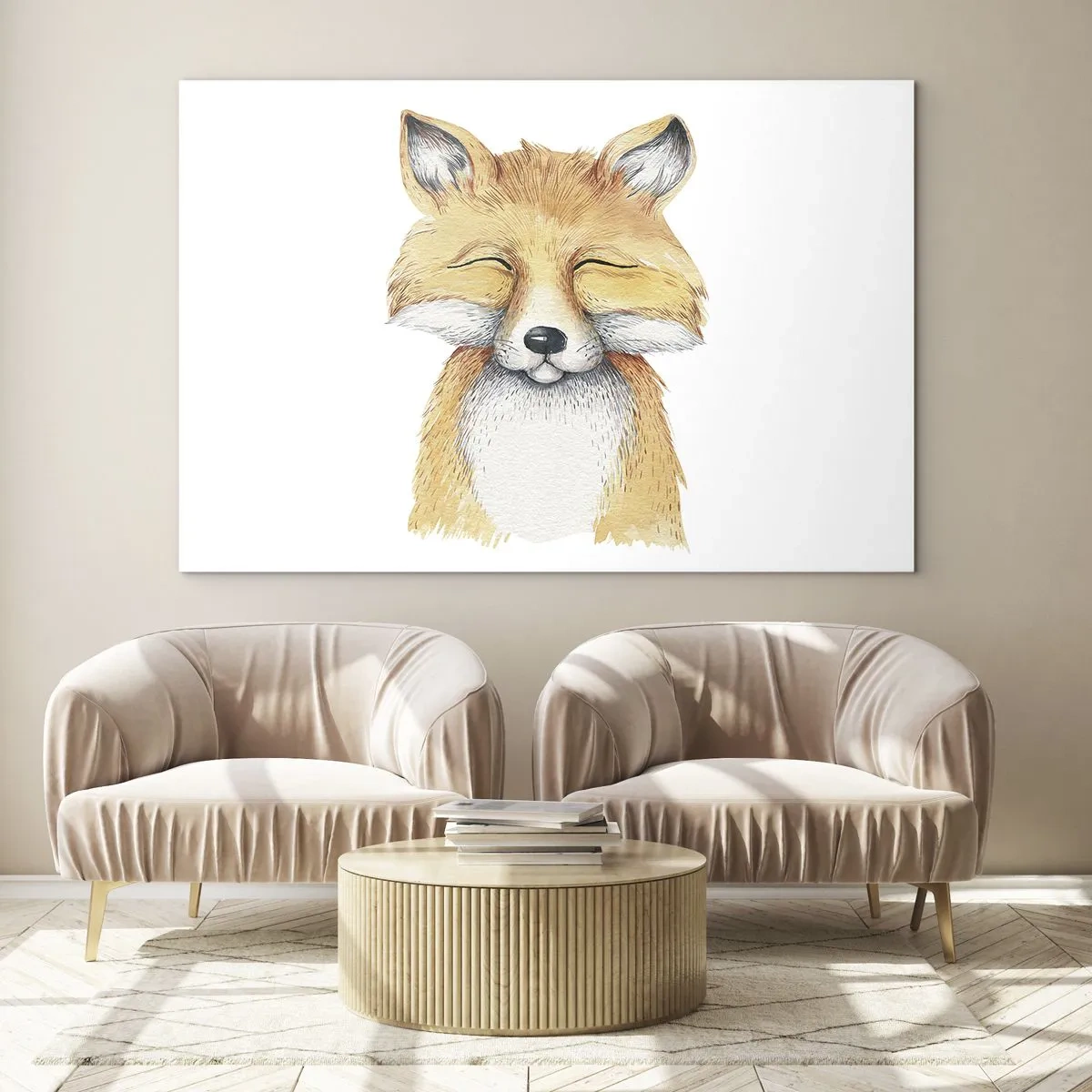 Cuadro sobre vidrio - Impresiones sobre Vidrio - Un lindo zorro con los ojos cerrados sobre un fondo blanco. - 70x50cm - Humor de zorro - Decoración de pared moderna para salón y dormitorio ARTTOR
