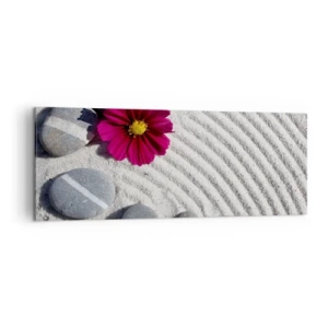 Cuadro sobre lienzo - Impresión de Imagen - Piedras y una flor rosa sobre la arena en estilo zen. - 140x50cm - Energía y paz del círculo mágico de la naturaleza - Decoración de pared moderna para salón y dormitorio ARTTOR