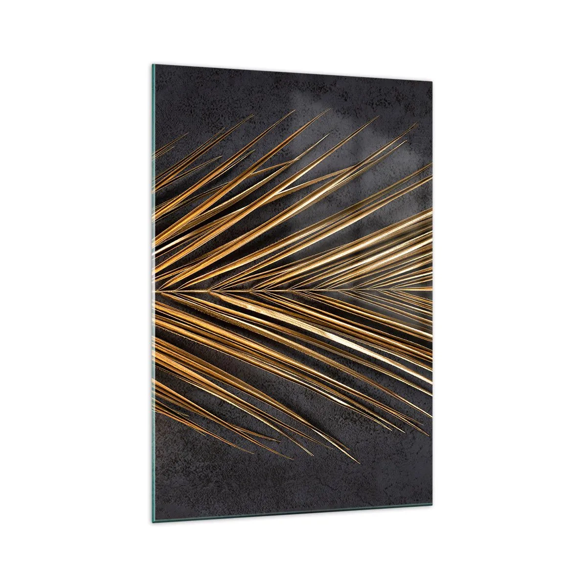 Cuadro sobre vidrio - Impresiones sobre Vidrio - Hoja tropical dorada sobre fondo negro - 70x100cm - El oro de los trópicos - Decoración de pared moderna para salón y dormitorio ARTTOR