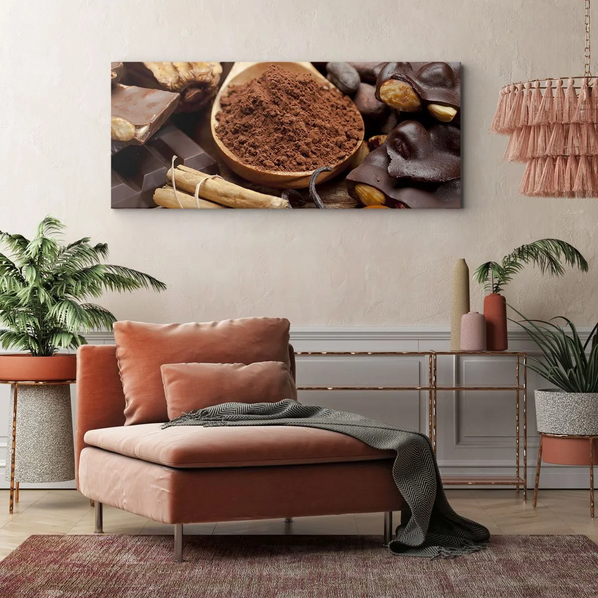 Cuadro sobre lienzo - Impresión de Imagen - Una cucharada de ingredientes de cacao y chocolate en un arreglo rústico. - 120x50cm - Lo mejor para las penas - Decoración de pared moderna para salón y dormitorio ARTTOR