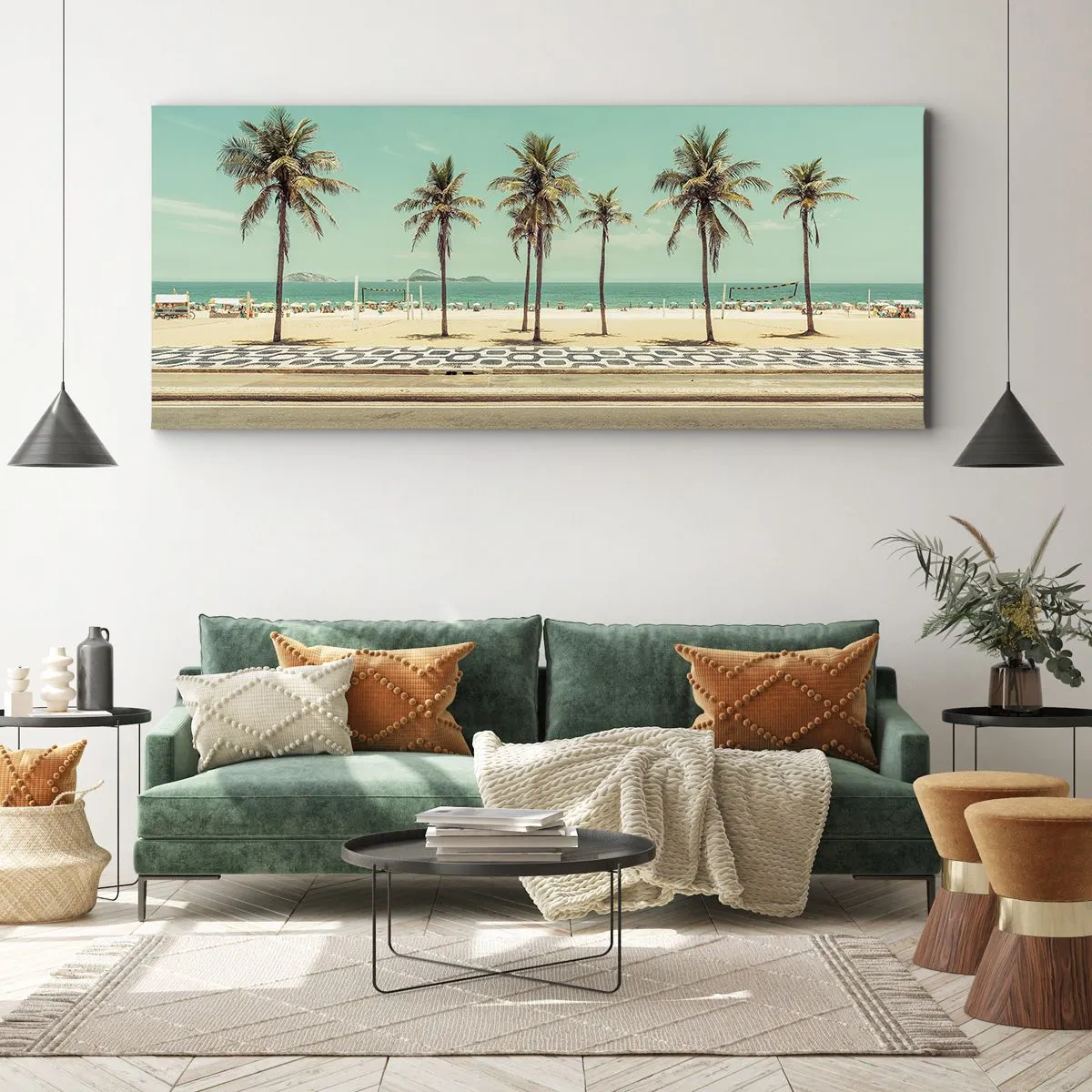 Cuadro sobre lienzo - Impresión de Imagen - Palmeras en la playa con vistas al mar y al cielo azul. - 140x50cm - En la playa - Decoración de pared moderna para salón y dormitorio ARTTOR