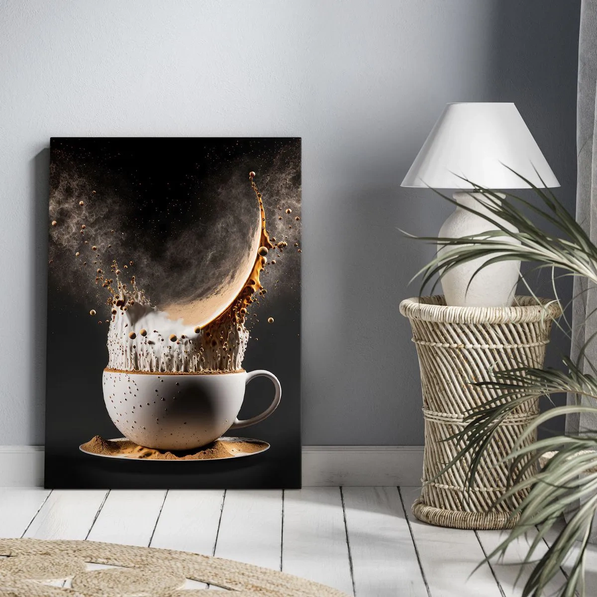 Cuadro sobre lienzo - Impresión de Imagen - Una taza de café con una explosión dinámica de líquido sobre un fondo negro. - 50x70cm - Una explosión de sabor - Decoración de pared moderna para salón y dormitorio ARTTOR