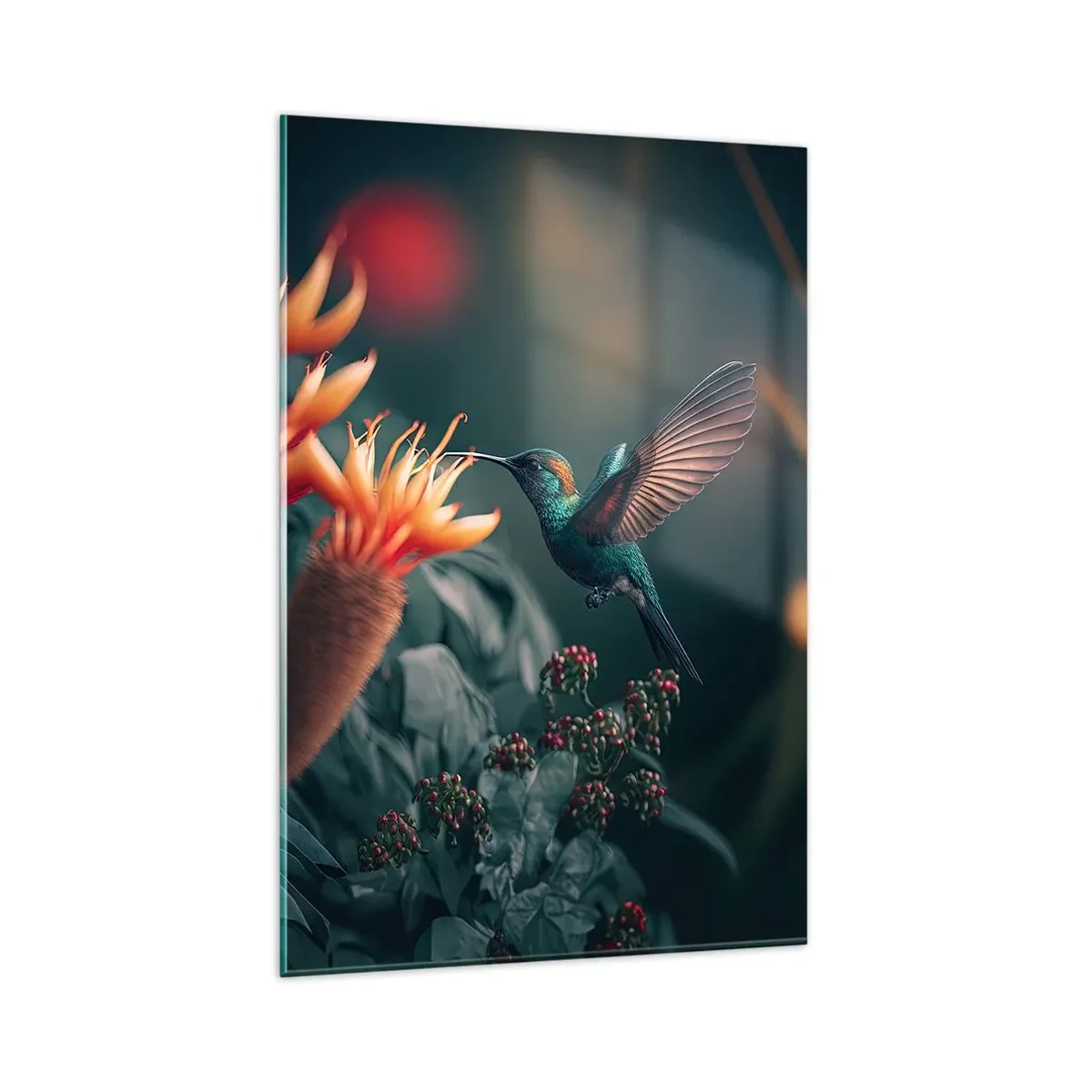 Cuadro sobre vidrio - Impresiones sobre Vidrio - Un colibrí colorido junto a las flores contra un fondo natural. - 80x120cm - Una vida verdaderamente colorida - Decoración de pared moderna para salón y dormitorio ARTTOR