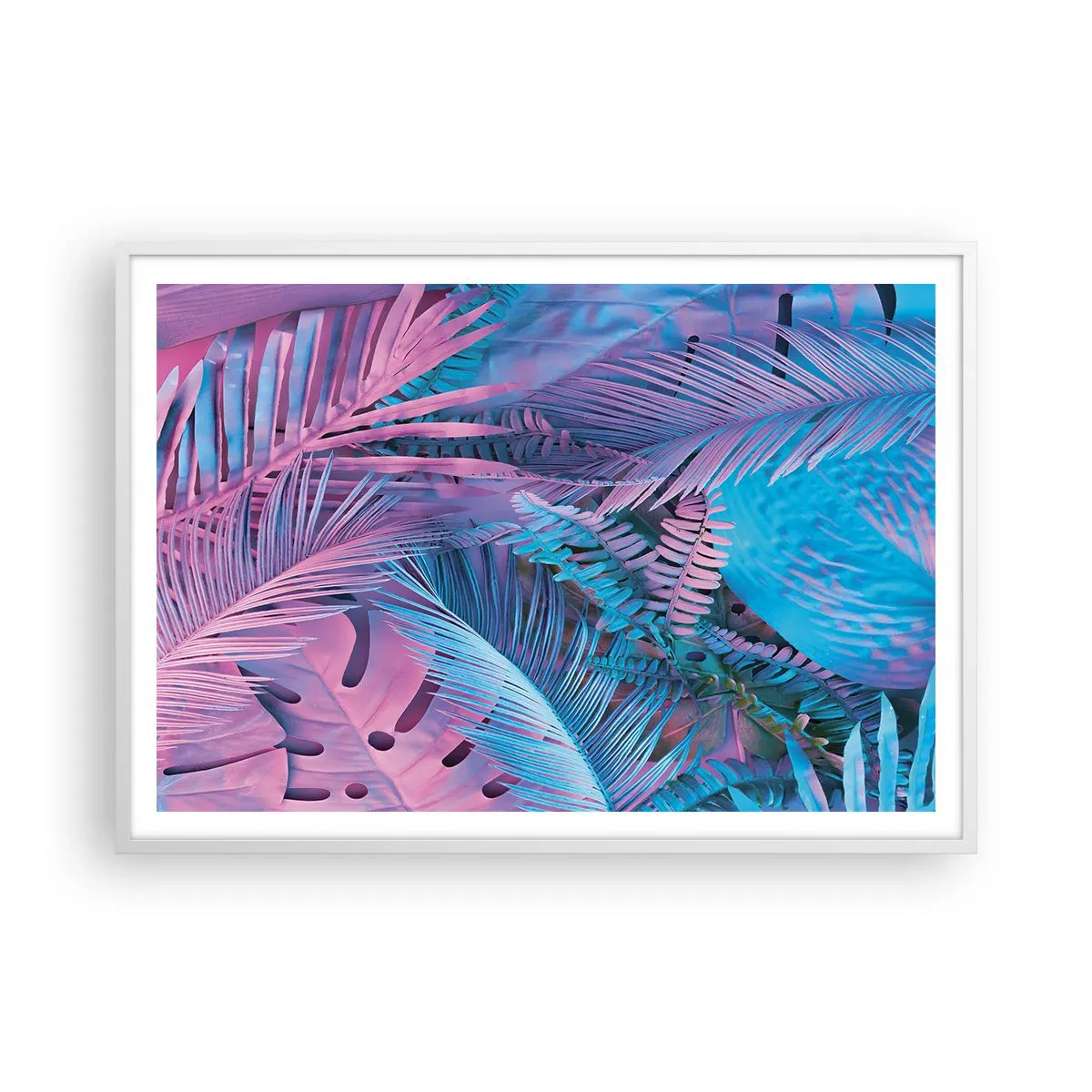 Póster en marco blanco - Trópicos en rosa y azul - 100x70 cm