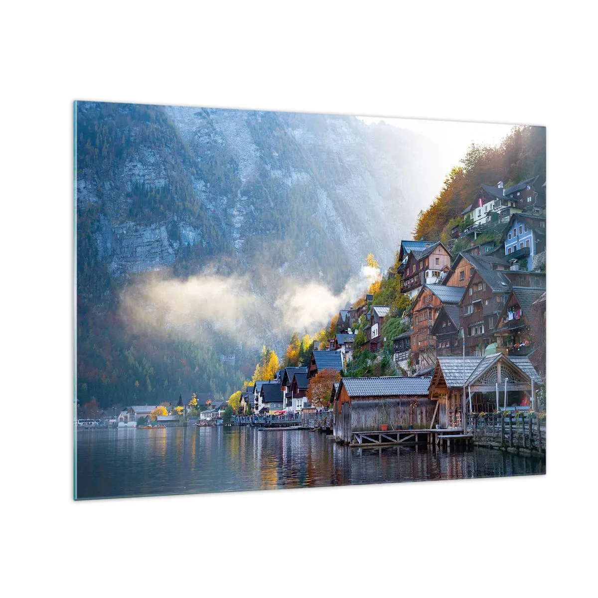 Cuadro sobre vidrio - Impresiones sobre Vidrio - Una mañana de otoño en un pueblo de montaña junto a un lago. - 70x50cm - Ambiente alpino - Decoración de pared moderna para salón y dormitorio ARTTOR