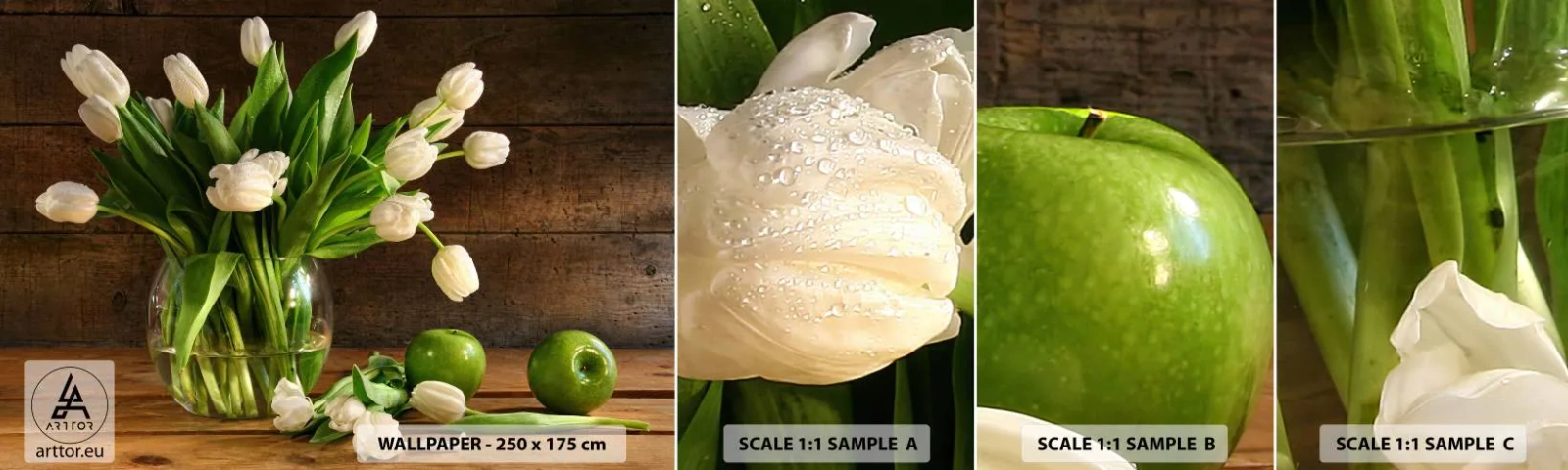 Muestra De Fotomural Standard Eco - Jugoso y fresco en verde y blanco - flores, tulipanes, Ramo de flores - 100x30 cm