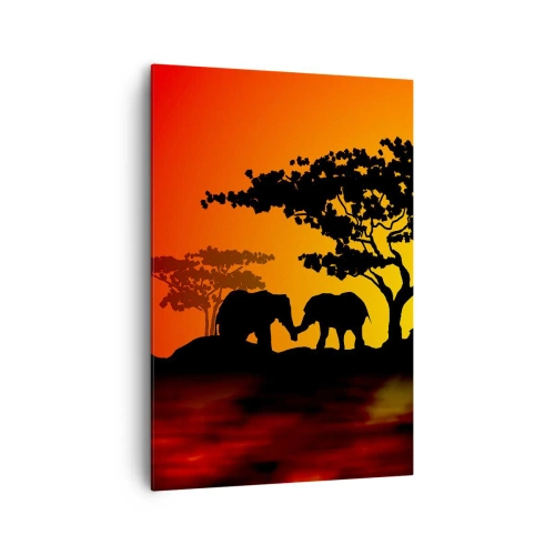 Cuadro sobre lienzo - Impresión de Imagen - Atardecer africano con siluetas de elefantes y jirafas sobre el agua - 70x100cm - Reunión en la sabana - Decoración de pared moderna para salón y dormitorio ARTTOR