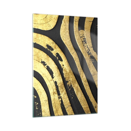 Cuadro sobre vidrio - Impresiones sobre Vidrio - Líneas abstractas doradas sobre un fondo negro en un estilo glamoroso. - 50x70cm - Todo fluye - Decoración de pared moderna para salón y dormitorio ARTTOR