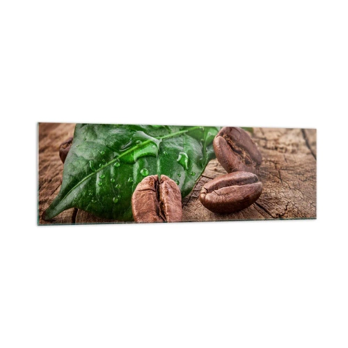 Cuadro sobre vidrio - Impresiones sobre Vidrio - Granos de café y hojas verdes sobre un fondo de madera - 160x50cm - El auténtico y negro - Decoración de pared moderna para salón y dormitorio ARTTOR