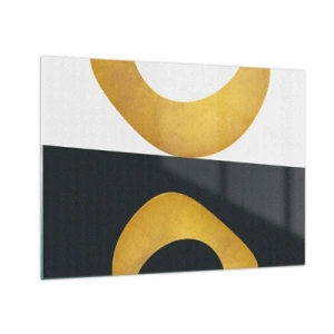 Cuadro sobre vidrio - Impresiones sobre Vidrio - Formas geométricas doradas sobre un fondo blanco y negro. - 70x50cm - Blanco, negro, dorado - Decoración de pared moderna para salón y dormitorio ARTTOR