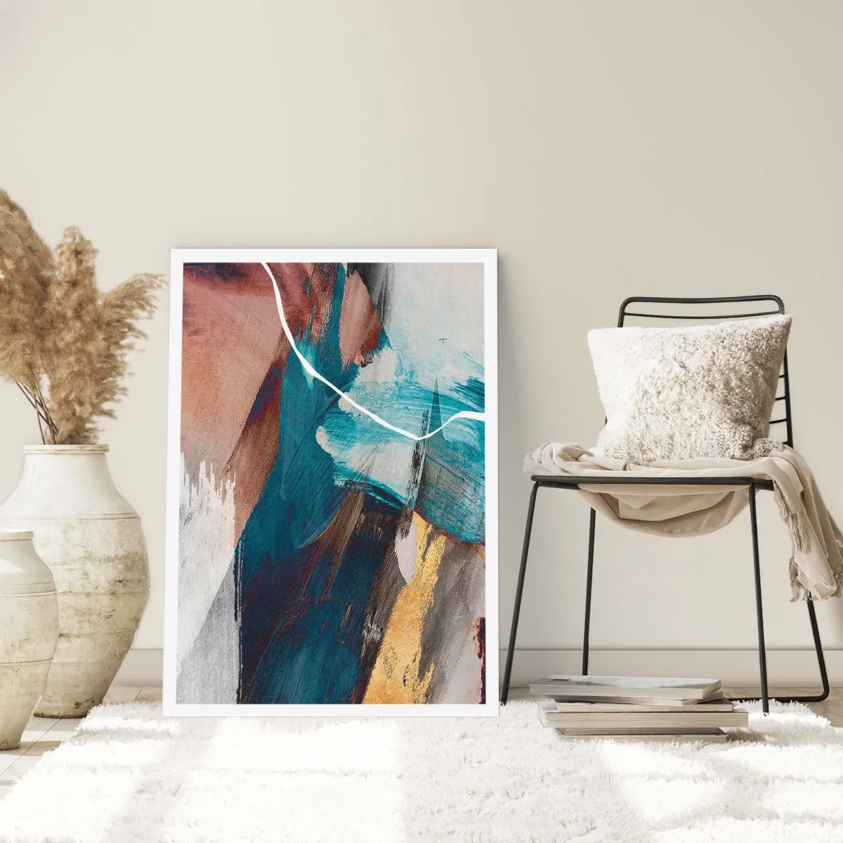Póster - Abstracción expresiva en tonos azules y dorados. - 50x70cm - Con estilo y energía - Decoración de pared moderna para salón y dormitorio ARTTOR