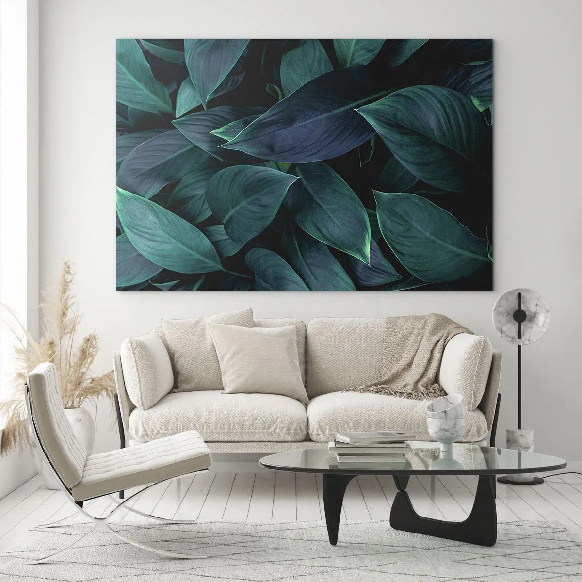 Cuadro sobre vidrio - Impresiones sobre Vidrio - Hojas verdes densas sobre un fondo oscuro - 70x50cm - El propio verde - Decoración de pared moderna para salón y dormitorio ARTTOR