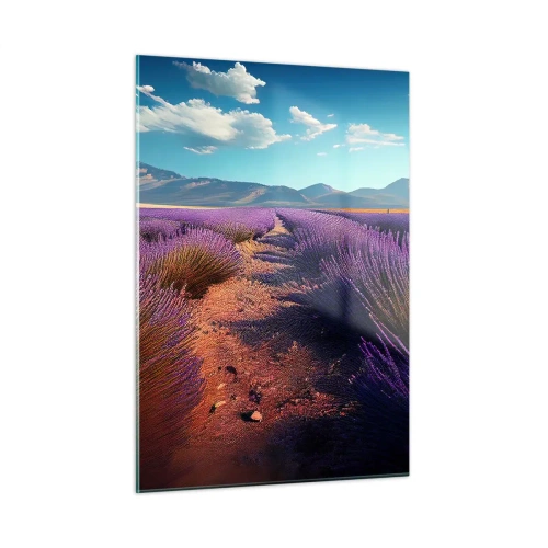 Cuadro sobre vidrio - Impresiones sobre Vidrio - Campos de lavanda al atardecer con vistas a las montañas. - 50x70cm - Campos fragantes - Decoración de pared moderna para salón y dormitorio ARTTOR