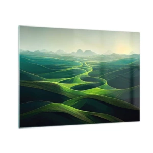 Cuadro sobre vidrio - Impresiones sobre Vidrio - Colinas y valles verdes iluminados por los rayos del sol. - 70x50cm - Valles en tonos verdes - Decoración de pared moderna para salón y dormitorio ARTTOR