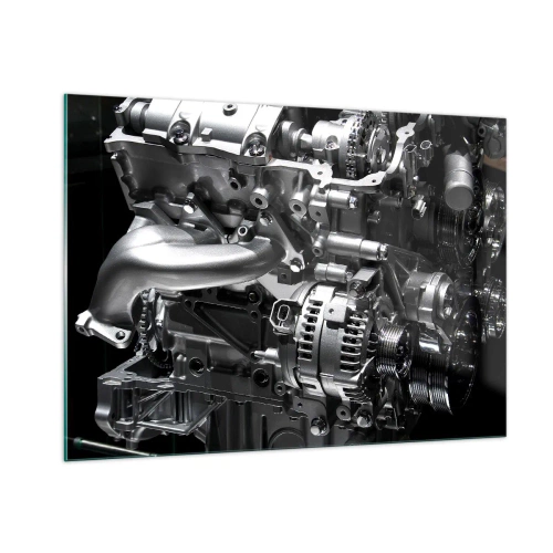 Cuadro sobre vidrio - Impresiones sobre Vidrio - Detalles de un motor de metal sobre un fondo negro. - 100x70cm - Acero, hermoso, fuerte - Decoración de pared moderna para salón y dormitorio ARTTOR