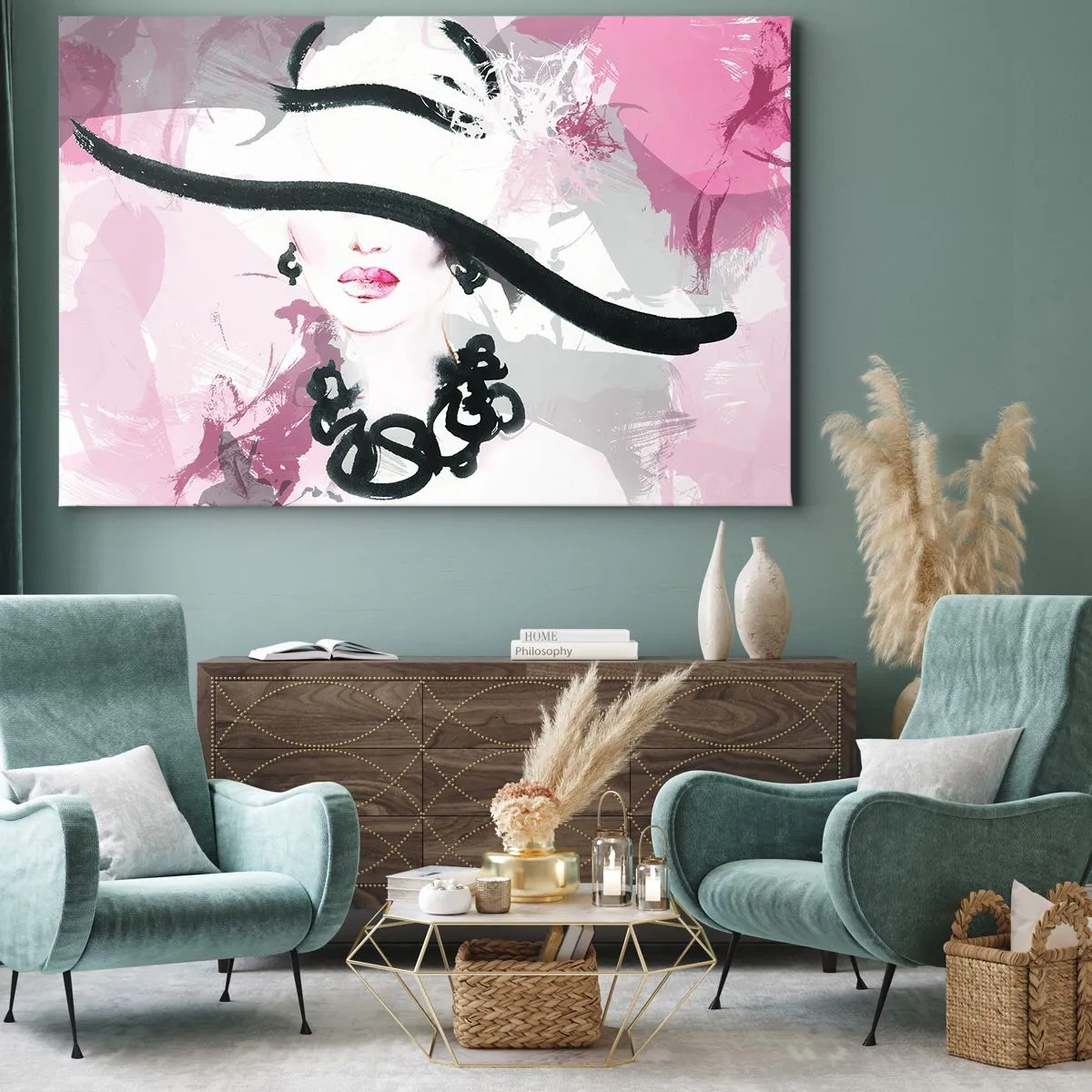 Cuadro sobre lienzo - Impresión de Imagen - Una mujer elegante con sombrero sobre un fondo de abstracciones rosas. - 100x70cm - Retrato de una dama en negro y rosa - Decoración de pared moderna para salón y dormitorio ARTTOR