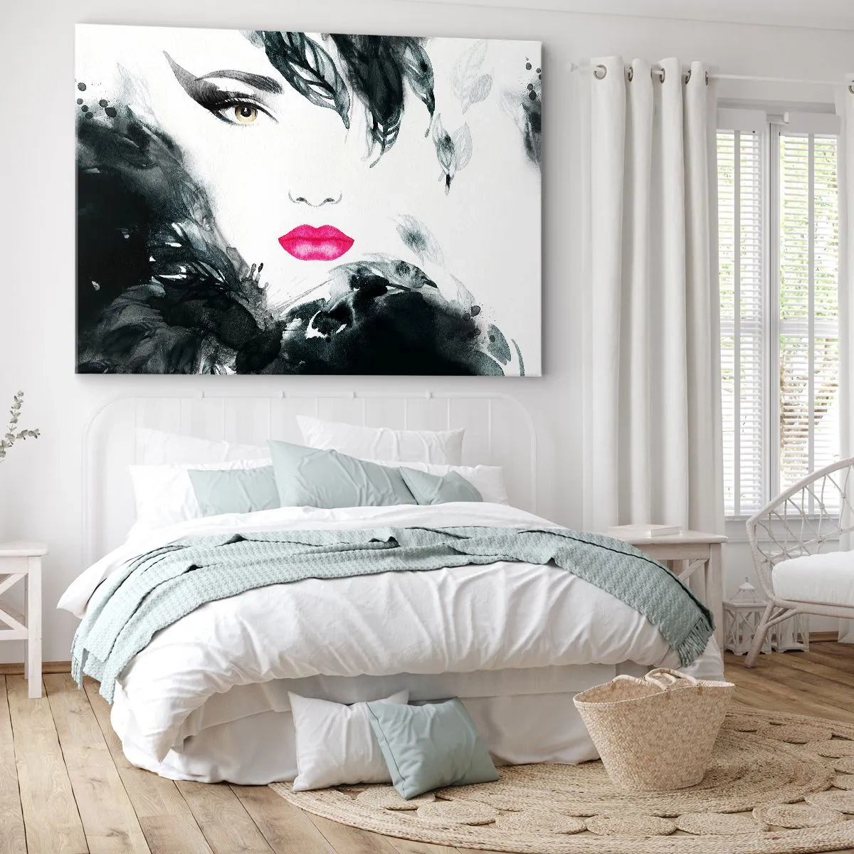 Cuadro sobre lienzo - Impresión de Imagen - Retrato artístico de una mujer con labios intensamente rosados. - 70x50cm - ¡Cuidado! Femme fatale - Decoración de pared moderna para salón y dormitorio ARTTOR