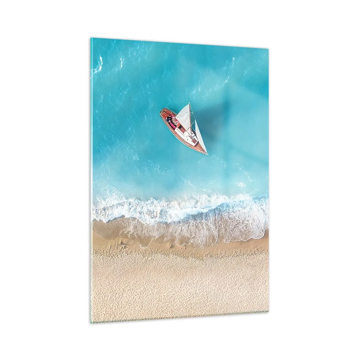 Cuadro sobre vidrio - Impresiones sobre Vidrio - Un velero en el mar azul junto a una playa de arena. - 50x70cm - Frontera celeste y dorada - Decoración de pared moderna para salón y dormitorio ARTTOR
