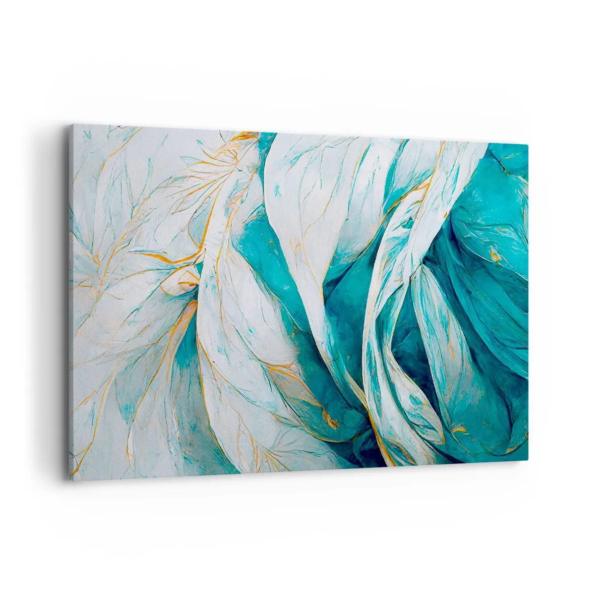 Cuadro sobre lienzo - Impresión de Imagen - Hojas azules abstractas con detalles dorados - 120x80cm - Abstracción azul con motivos dorados - Decoración de pared moderna para salón y dormitorio ARTTOR