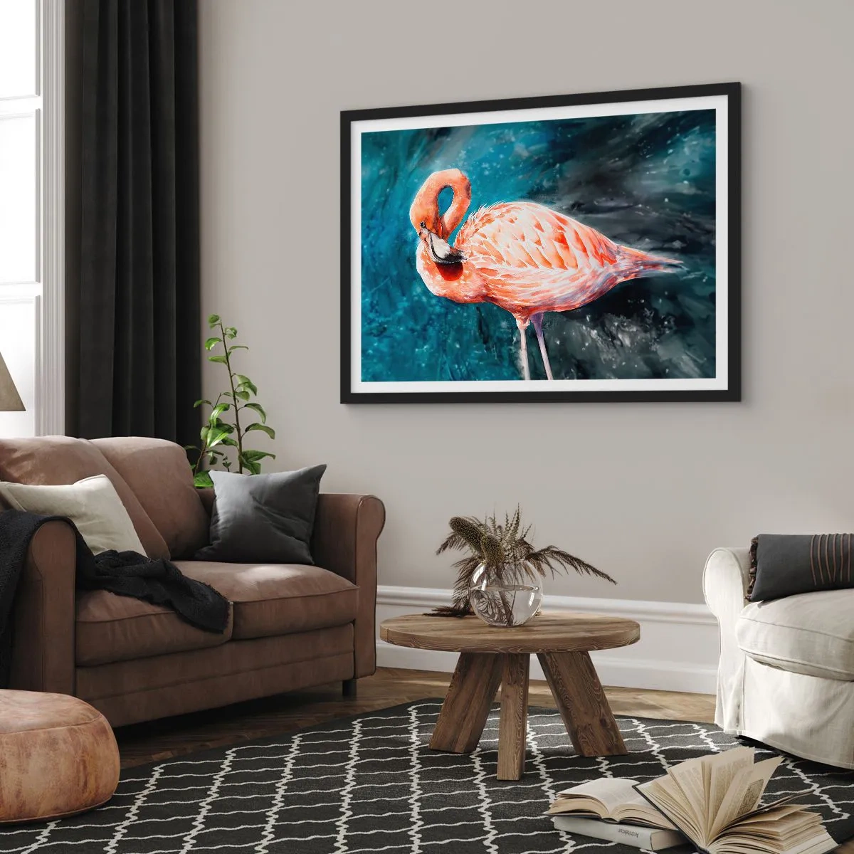 Póster en marco negro - Un flamenco rosa sobre un fondo azul de acuarela. - 70x50cm - Decorativo por naturaleza - Decoración de pared moderna para salón y dormitorio ARTTOR