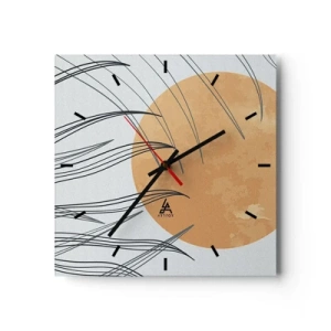 Reloj de pared - Reloj de vidrio - Hojas de hierba abstractas contra el fondo de un gran sol naranja - 30x30cm - Siempre hacia el sol - Decoración de pared moderna para salón y dormitorio ARTTOR