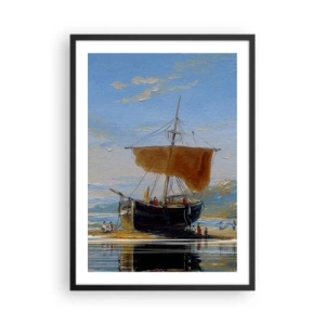 Póster en marco negro - Un velero tradicional en la orilla con su reflejo en el agua. - 50x70cm - Agua, tierra, aire - Decoración de pared moderna para salón y dormitorio ARTTOR