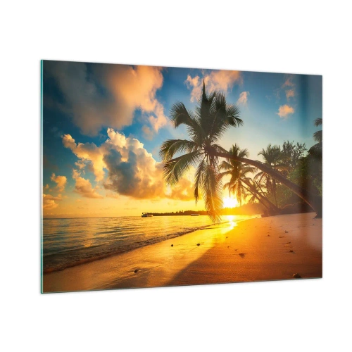 Cuadro sobre vidrio - Impresiones sobre Vidrio - Playa tropical con palmeras al atardecer - 100x70cm - Un sueño caribeño - Decoración de pared moderna para salón y dormitorio ARTTOR